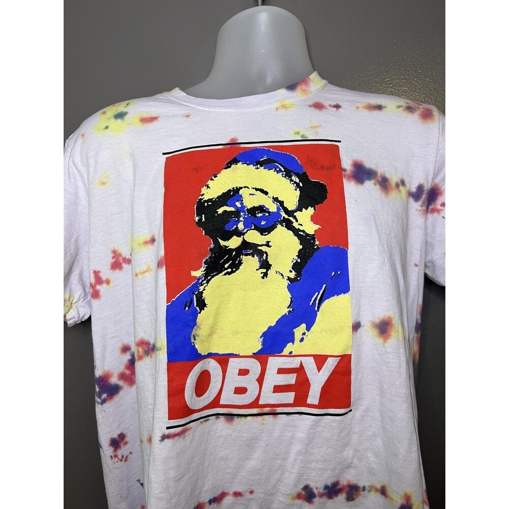 Obey Santa Shirt Mens Large White Tie Dye Funny Christmas Holiday Graphic Tee